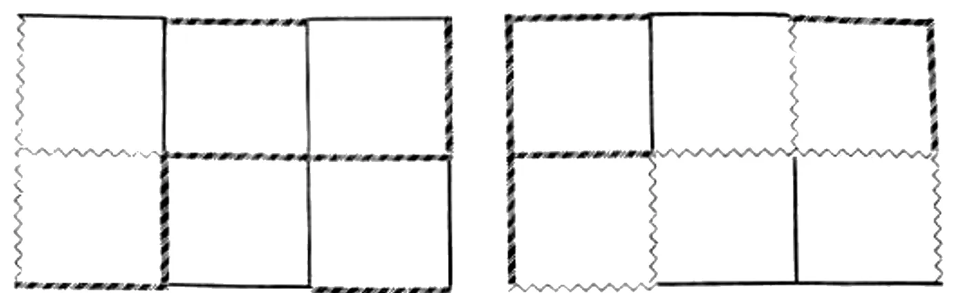Hai lưới 2 × 3 với các cạnh vẽ bằng ba kiểu nét: nét liền (đỏ), nét lượn sóng (xanh lục), nét đứt đậm (xanh lam). Lưới trái tô hợp lệ, lưới phải có ô góc trái trên ba cạnh nét đứt đậm