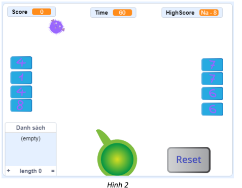 Hình 2: màn hình ban đầu - Score, Time 60, HighScore; hai cột số hai bên, danh sách súng đang rỗng, nút Reset