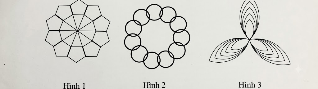Hình 1: 5 ngũ giác xoay đều quanh 1 tâm chung, mỗi ngũ giác nối với tâm bằng 1 đoạn thẳng. Hình 2: 11 hình tròn bằng nhau xếp cách đều quanh 1 vòng tròn lớn, tô xen kẽ đậm nhạt. Hình 3: hoa văn 3 cánh, mỗi cánh là chuỗi lá hình quả trám lồng nhau tăng dần kích thước, xuất phát chung 1 điểm