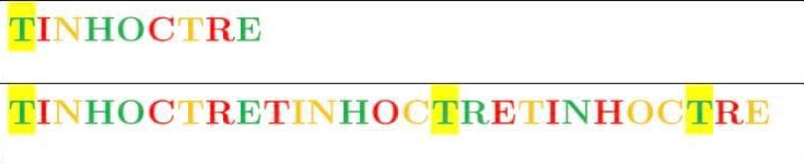 Giải thích ví dụ: TINHOCTRE với chữ T đầu tiên màu xanh được đánh dấu; TINHOCTRE lặp 3 lần với 3 chữ T màu xanh được đánh dấu