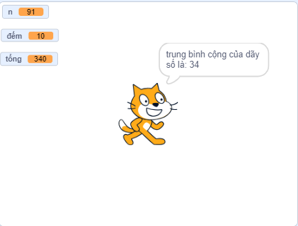 Hình 2: các biến n = 91, đếm = 10, tổng = 340; mèo nói trung bình cộng của dãy số là: 34