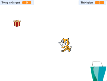Màn hình mẫu trò chơi: hộp quà xuất hiện ngẫu nhiên, nhân vật mèo ở giữa, thùng đựng quà ở góc phải bên dưới