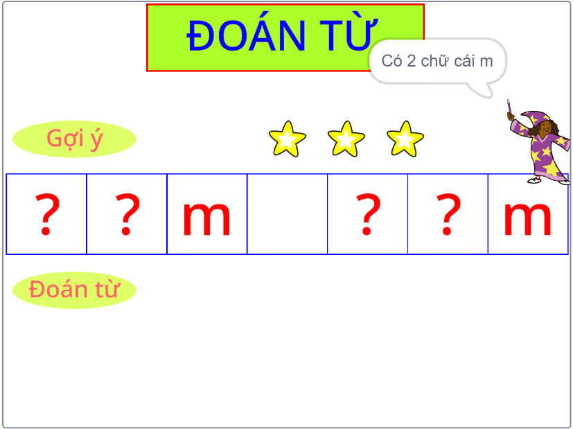 Người chỉ dẫn nói Có 2 chữ cái m, hai ô chứa chữ m trong từ đã được mở