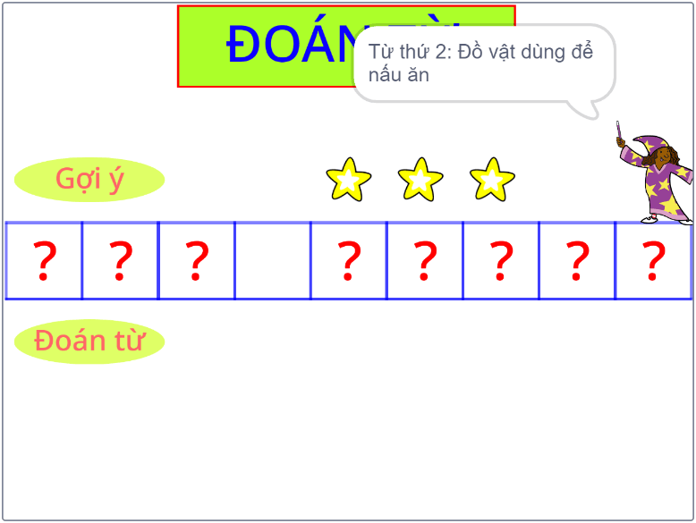 Bắt đầu từ thứ hai: người chỉ dẫn nói Từ thứ 2: Đồ vật dùng để nấu ăn, hàng ô dấu hỏi mới, ba ngôi sao