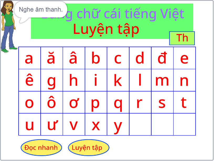 Giao diện chế độ Luyện tập: giáo viên đứng góc trái nói Nghe âm thanh, tiêu đề Bảng chữ cái tiếng Việt - Luyện tập