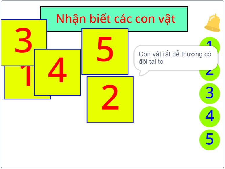 Sau khi dùng chuông lên hình vuông số 2: dòng mô tả Con vật rất dễ thương có đôi tai to hiện bên cạnh, chuông đã về góc phải trên