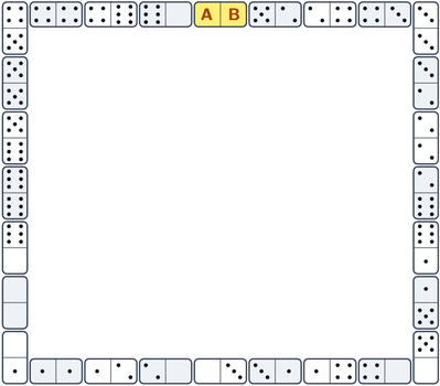 28 quân domino xếp thành một vòng hình vuông, một số nửa quân bị xoá trắng; quân màu vàng ở cạnh trên có hai nửa A và B