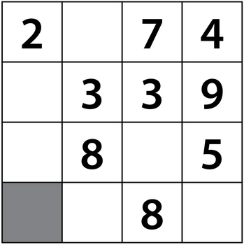 Bảng 4 × 4: hàng 1: 2, trống, 7, 4; hàng 2: trống, 3, 3, 9; hàng 3: trống, 8, trống, 5; hàng 4: ô tô màu, trống, 8, trống