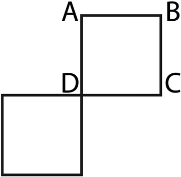 Hai hình vuông chung nhau một đỉnh D: hình vuông trên ABCD (A trên trái, B trên phải, C dưới phải, D dưới trái) và một hình vuông nằm phía dưới bên trái có đỉnh trên phải là D