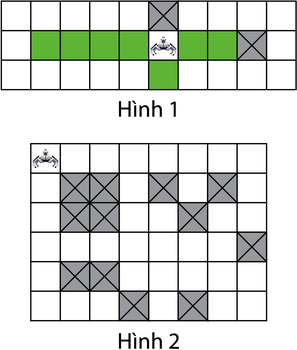 Hình 1: rô-bốt ở bảng 3 × 10, các ô xanh là những ô đi tới được sau 1 lượt; Hình 2: bảng 6 hàng × 8 cột, rô-bốt ở góc trên trái, có 12 ô tường đánh dấu X