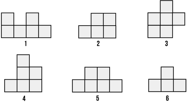 Sáu mảnh ghép đánh số 1 đến 6 gồm các ô vuông nhỏ: mảnh 1 có 6 ô, mảnh 2 có 5 ô, mảnh 3 có 6 ô, mảnh 4 có 6 ô, mảnh 5 có 6 ô, mảnh 6 có 4 ô