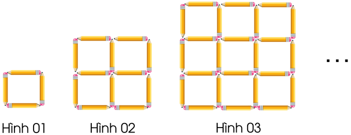 Các hình lưới ô vuông 1 × 1, 2 × 2, 3 × 3, … xếp bằng bút chì