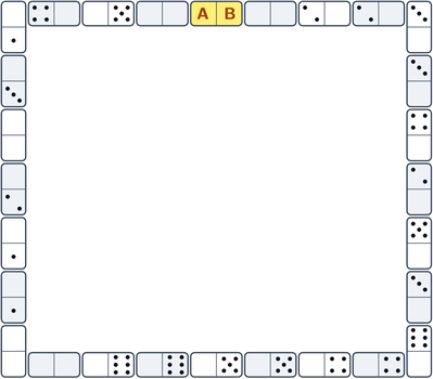 28 quân domino xếp thành vòng hình vuông, nhiều nửa bị xoá trắng; quân màu vàng ở cạnh trên có hai nửa A và B