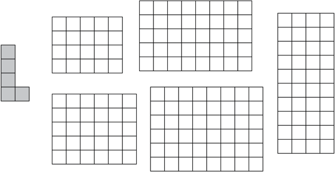 Mảnh ghép chữ L gồm 4 ô và năm lưới ô vuông màu trắng: 5 × 4, 8 × 5, 4 × 10, 6 × 5 và 8 × 6