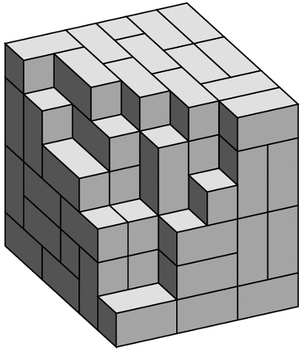 Khối lập phương 6 × 6 × 6 đang ghép dở bằng các khối gỗ 1 × 1 × 2, phần còn thiếu có dạng bậc thang ở góc trước bên trái
