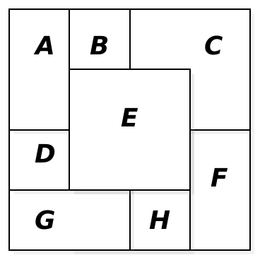 Hình vuông 4 × 4 ghép từ tám mảnh 2 × 2 nhìn từ trên xuống: hàng 1 thấy A, B, C, C; hàng 2 thấy A, E, E, C; hàng 3 thấy D, E, E, F; hàng 4 thấy G, G, H, F