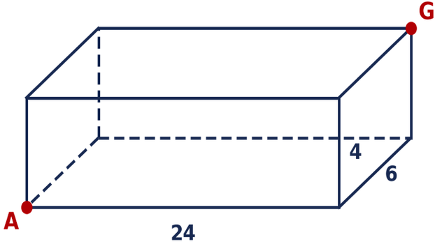 Hộp chữ nhật dài 24, rộng 6, cao 4; đỉnh A ở góc dưới phía trước bên trái, đỉnh G ở góc trên phía sau bên phải